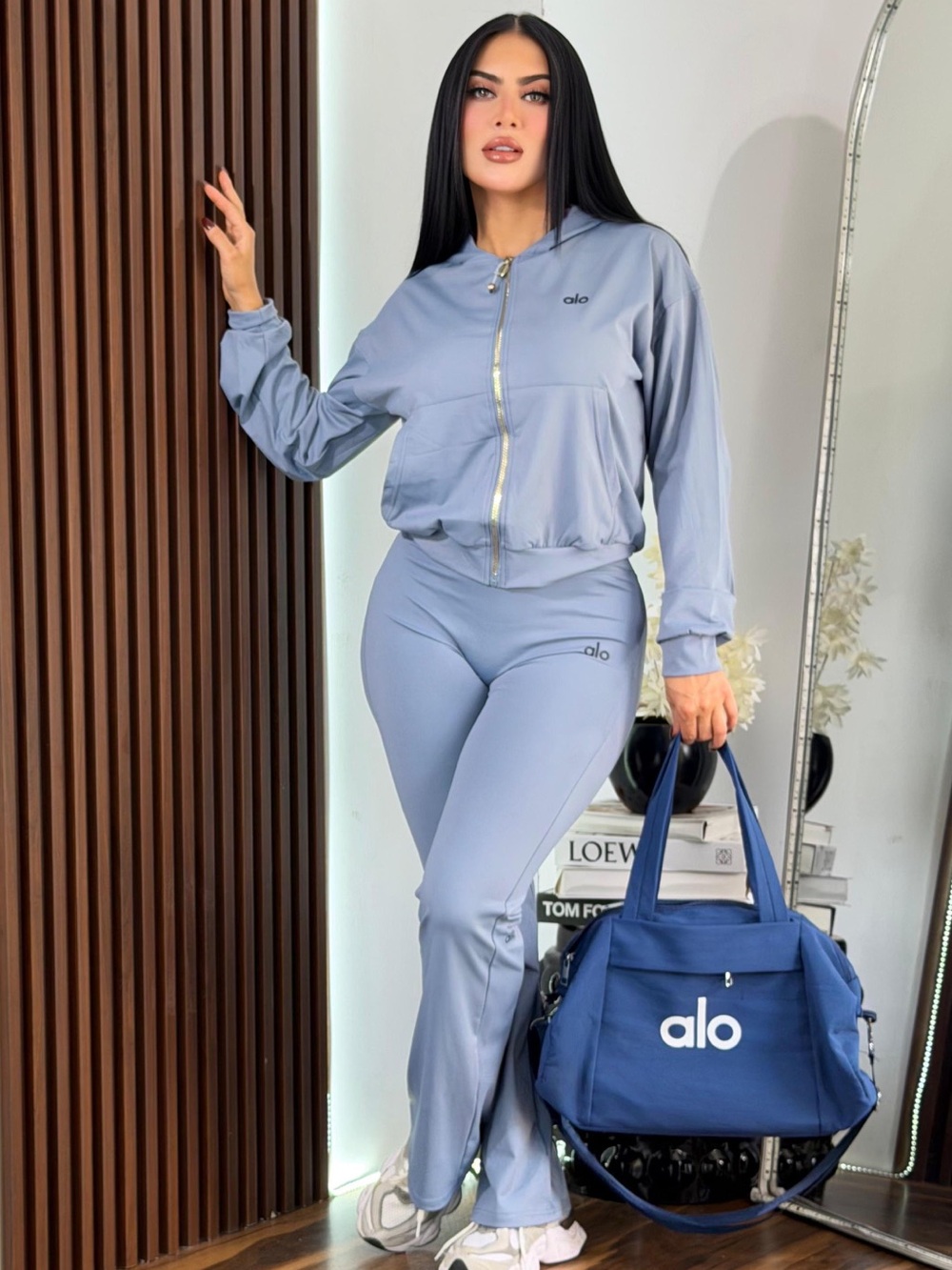 ALO Yoga Women's Light Blue Zip Hoodie & High-Rise Track Pants Set